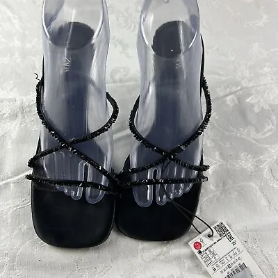 $27.99 • Buy Zara Sandals Womens Size 7.5 Black Strappy Heels Square Toe Black Beaded Straps
