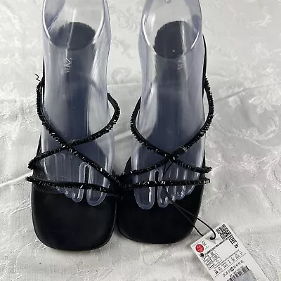 $27.99 • Buy Zara Sandals Womens Size 7.5 Black Strappy Heels Square Toe Black Beaded Straps