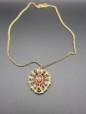 Vintage Red Glass/Stone Gold Tone Filigree Oval Pendant Chain Necklace • $9.99