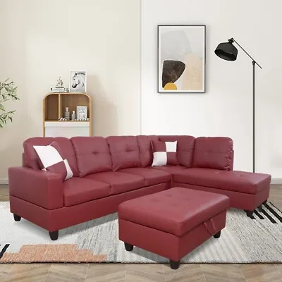 Red 3 Piece Faux Leather Sectional Sofa Set Living Room L Shaped Couch Furniture • $741.19