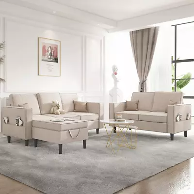  Sectional Sofa Couch With Storage Ottoman 3-Piece Set Beige • $759.29