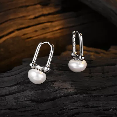 Pearl Dangle Drop Oval Earrings Womens 925 Sterling Silver Hoop Huggie Earrings • $7.51