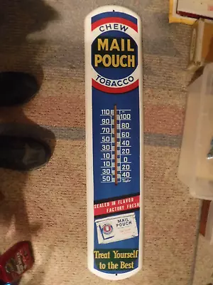 Mail Pouch Chew Tobacco Vintage Metal Thermometer Advertising Sign 39 X8  USA • $149.95