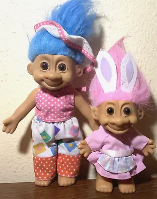 Lot-2 Vintage RUSS 7” & 5” Girl Troll Dolls W Hat & Bunny Ears Blue & Pink Hair • $13.34