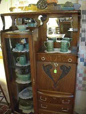 Antique Oak Side By Side Bookcase Desk Secretary Radius Glass  Beveled Mirrors • $1885