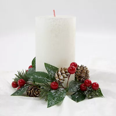 Christmas Red Berry & Pine Cone Foliage Candle Ring 20cm Holder Festive Table • £9.59