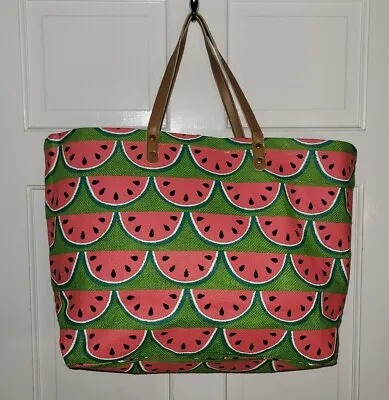 MUDPIE Watermelon Natural Pink Green Print Woven Large Beach Bag Tote • $14.99