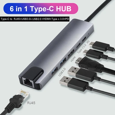 $25.90 • Buy 6 In 1 USB C Hub Type-C Multi USB Port 3.0 4K HDMI Adapter Dock RJ45 Ethernet AU
