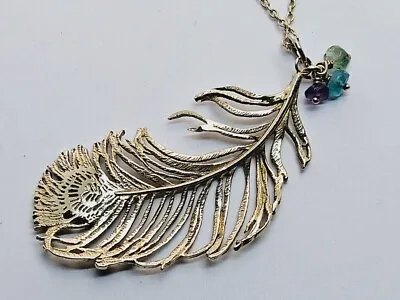 Alex Monroe PEACOCK FEATHER Pendant Necklace Gemstones Gold Sterling Silver • $290.45