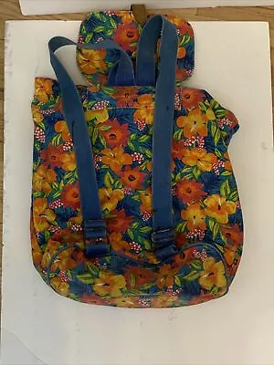 GAP BACKPACK  FLORAL PRINT BLUE CANVAS DRAWSTRING CLOSURE Buckles Vibrant Vtg • $14