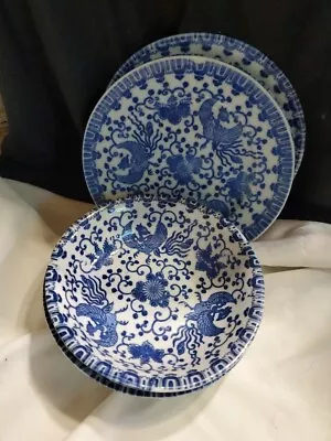 Vintage 6 Piece Lot Phoenix Bird Flying  Blue & White Dinnerware Japan • $20