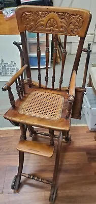 Antique Oak Convertible Pressed Back Victorian High Chair Baby Stroller (Floor) • $425