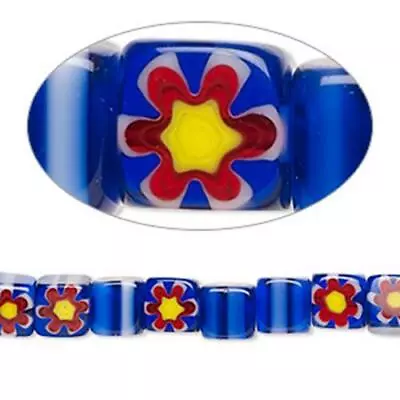 6455 Millefiori Glass Cube Beads Blue Yellow Flower 6mm 15inch *UK EBAY SHOP* • £4.99