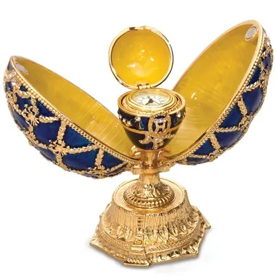 Double Blue Faberge Egg Replica W/Clock Jewelry Box Easter Egg яйцо Фаберже 4.5  • $135.15