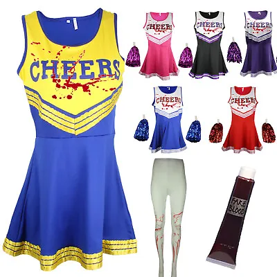 Zombie Cheerleader Halloween Fancy Dress Outfit Costume Bloody Tights & Blood • £18.95
