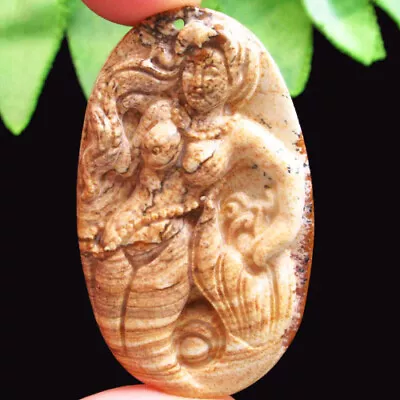 H03399 Carved Picture Jasper Mermaid Pendant Bead 51x31x6mm • $0.01