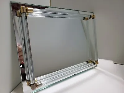 Vintage Vanity Dresser Mirror Tray W/ Glass Rails Gold Tip Ends • $12