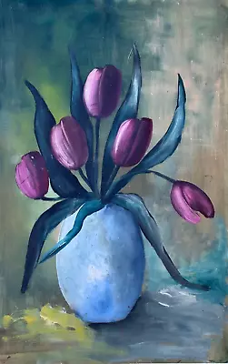 Purple Tulips Vintage Or Antique Original Painting Vase Flowers Signed Illegible • $40