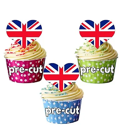 PRECUT Union Jack Love Hearts Cupcake Toppers Cake Decorations King Coronation • £5.75