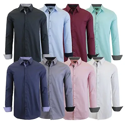 Mens Long Sleeve Dress Shirts Cotton Blend Slim Fit Color Work Casual Button NEW • $14.97