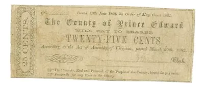 1862 25 Cents County Of Prince Edwards VIRGINIA Note - CIVIL WAR Era Banknote • $189.99