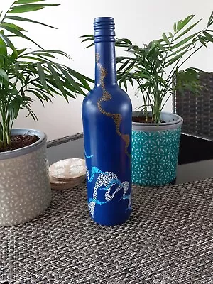 Hand Painted Tall Glass Bottle Home Table Centerpiece Flower Vase Blue Original • £7.20