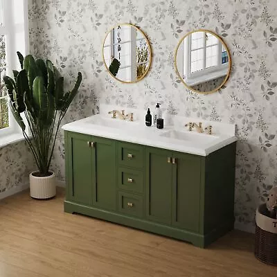 60 In Wood Bathroom Vanity Marble Countertop Dual Sink Vanity Door Cabinet Green • $1460.99
