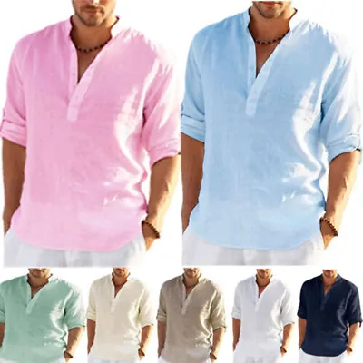 Mens Solid Beach Shirts Cotton Linen Grandad Casual Loose T Shirt Blouse Top 5XL • £11.09