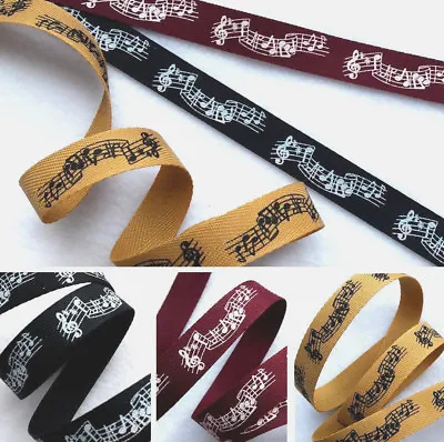 1m X 15mm NATURAL COTTON LOOK MUSIC NOTES RIBBON TAPE GOLD  BLACK BURGUNDY WINE • £1.50