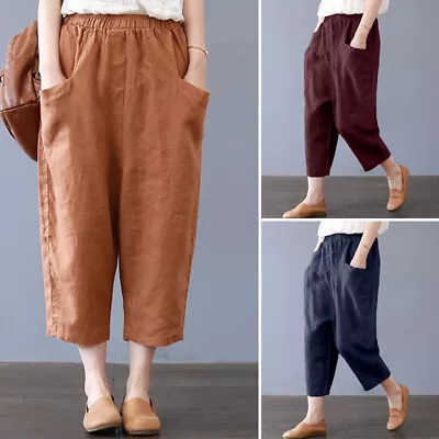 ZANZEA Womens Cotton Linen Harem Pants Casual Wide Leg Cropped Trousers Summer • $27.50