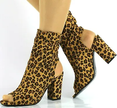 Womens Block Heel Ankle Boots Peep Toe Open Back Leopard Print Shoes Booties • £16.99