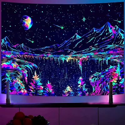 Blacklight Mountain Tapestry Starry Nigh Aesthetic Moon 36.00'' × 48.00'' • $17.63