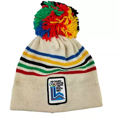 Vintage 1980 Lake Placid XIII Olympic Winter Games Beanie Pom Pom Hat Striped • $27.99