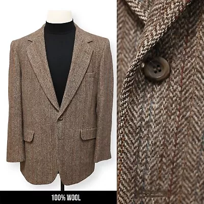 VINTAGE TWEED Mens Brown HERRINGBONE WOOL Sport Coat Suit Jacket Blazer 44 R • $49.99