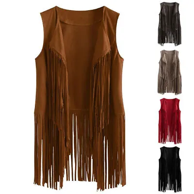 Lady Cowgirl Cowboy Tassel Fringed Sleeveless Vest Ethnic Western Cardigan Top • £8.27