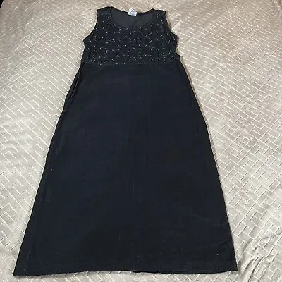 Bobbie Brooks Womens Large Midi Dress Black Corduroy Floral Embroidered Vintage • $15.29