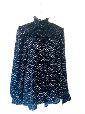 Adam Lippes COLLECTIVE SZ XL Smocked Mock Neck Mod Dot Back Zip Blouse • $26.95