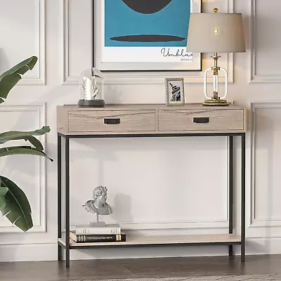 Oak Wood Console Table With 2 Drawers Hallway Foyer Table With Storage Shelves • $156.99