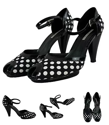 VIA SPIGA Papa Retro Peep Toe Platform Heel Womens 8.5 Black White Polkadot READ • $29.89