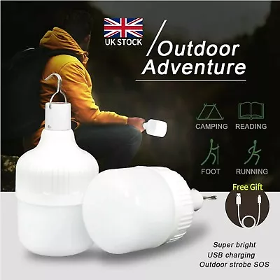 60W LED Outdoor Light Bulb With Hanging Rechargeable BBQ Camping Emergency Lamp • £5.95