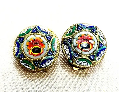Vintage-1950-Italian-Micro-Mosaic-Button-Clip-Earrings-Flowerst Hand Made • $76.50