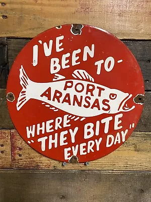 Vintage Port Aranas Porcelain Sign Texas Harbor Fishing Town Fisherman Gas Oil • $173.59