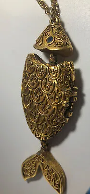 Vtg Gold Toned Locket Fish Shaped Locket For Perfume Hinged Pendant On 30  Chain • $45