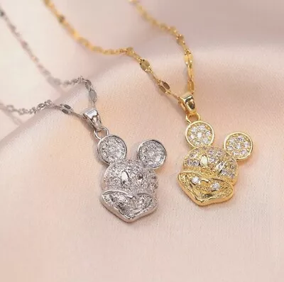 Titanium Silver/Gold Disney Mickey Mouse Pave CZ Pendant Chain Necklace • $12.99