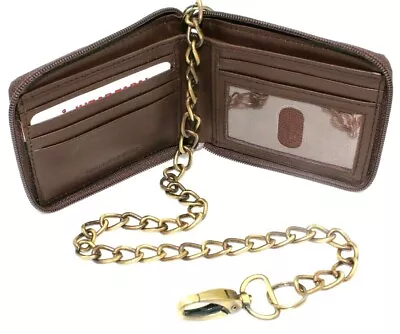 Zip Around Bi-fold Chain Wallet For Men RFID Safe Leather Wallet For Biker J701 • $11.99