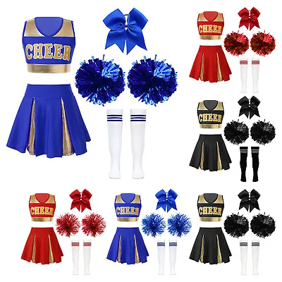 Cheer Leader Cosplay Costume Girls Crop Top Pleated Skirt Outfit With Pom Poms • £6.43