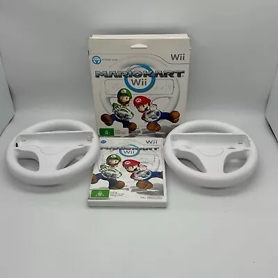 Mario Kart Wii W 2 X Steering Wheels Genuine PAL Tested & Working Disc VGC • $65