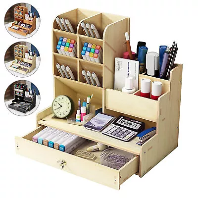 Office Study Desk Organizer Table Box Tidy Case Wooden Pen Pencil Storage Holder • £7.99