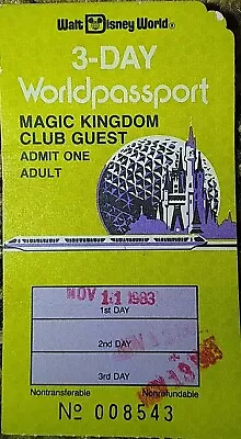 Nov. 1983 WALT DISNEY WORLD MAGIC KINGDOM CLUB 3 DAY WORLDPASSPORT TICKET Exc. • $29.95