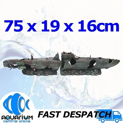 $89.99 • Buy Submarine Shipwreck XXL 75x19x16cm 2 Piece Aquarium Fish Tank Ornament